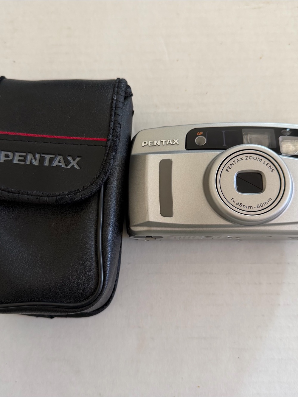 Pentax Silver Compact Film Camera with Case Zoom Flash 35mm
